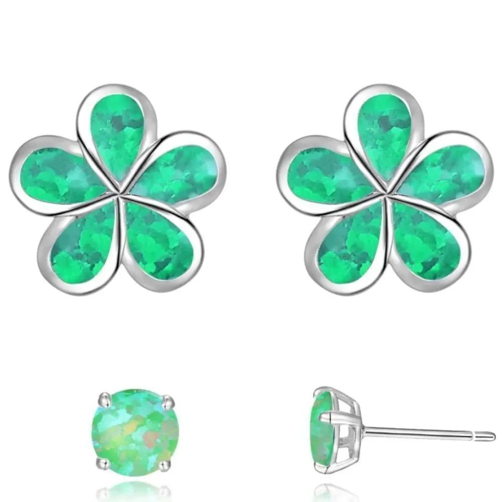 14K White Gold with Genuine Green Fire Opal Flower Post Stud Earrings Set of 2